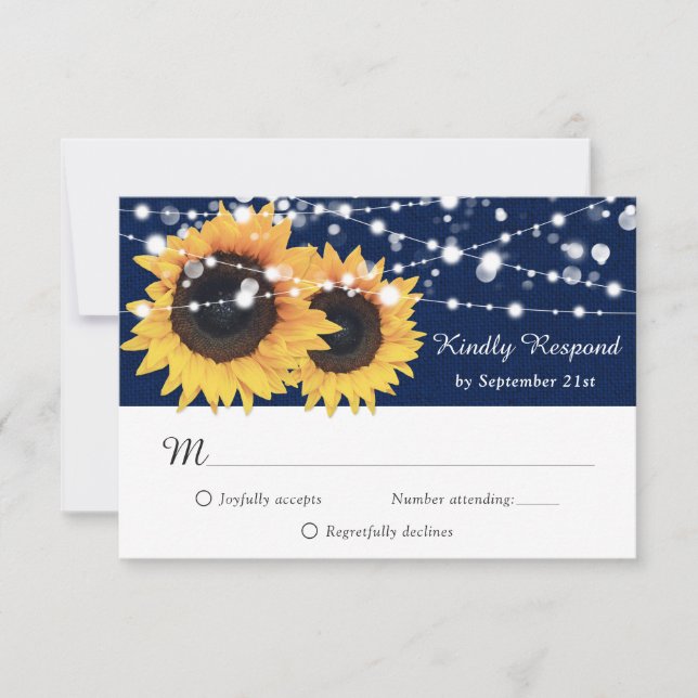 Rustic Navy Blue Burlap Sunflower Wedding RSVP Card (Front)