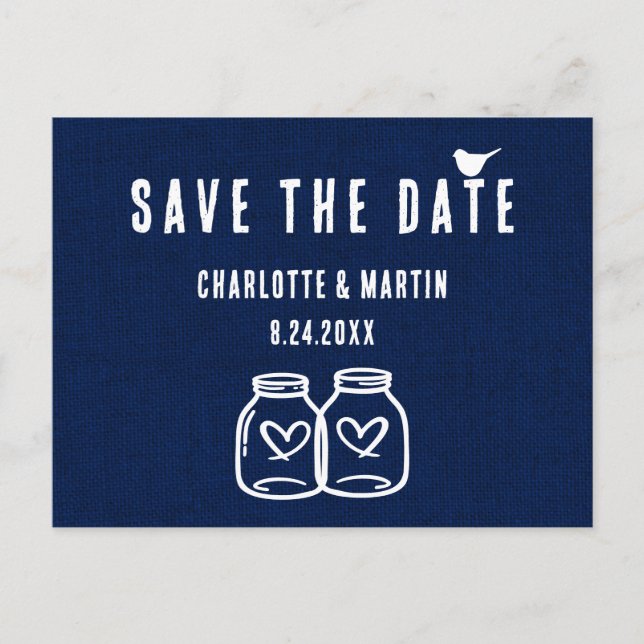 Rustic Navy Blue Burlap Wedding Save The Date Announcement Postcard (Front)