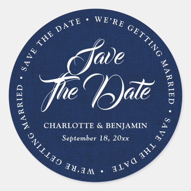 Rustic Navy Blue Burlap Wedding Save The Date Classic Round Sticker (Front)
