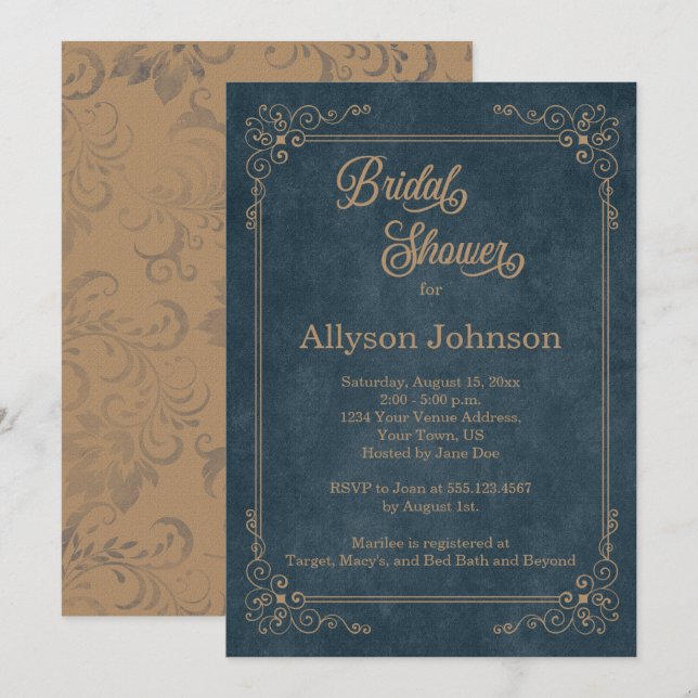 Rustic Navy Blue Chalkboard Tan Bridal Shower | Invitation (Front/Back)