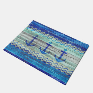 Rustic Navy Blue Coastal Decor Anchors Doormat