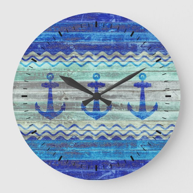 Rustic Navy Blue Coastal Decor Anchors Large Clock (Front)
