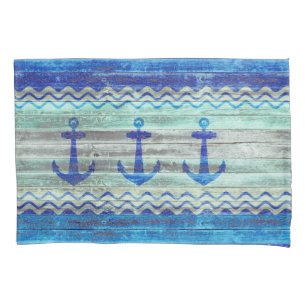 Rustic Navy Blue Coastal Decor Anchors Pillowcase