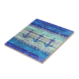 Rustic Navy Blue Coastal Decor Anchors Tile