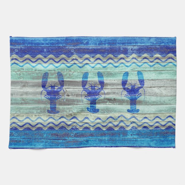 Rustic Navy Blue Coastal Decor Lobsters Tea Towel (Horizontal)