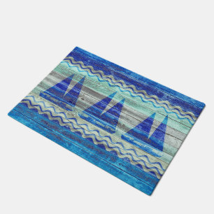 Rustic Navy Blue Coastal Decor Sailboats Doormat