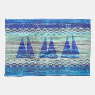 Rustic Navy Blue Coastal Decor Sailboats Tea Towel