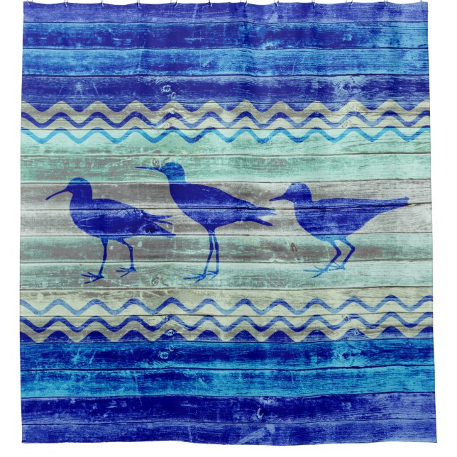 Rustic Navy Blue Coastal Decor Sandpipers Shower Curtain (Front)