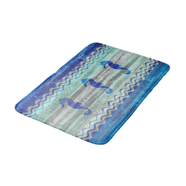 Rustic Navy Blue Coastal Decor Seahorses Bath Mat (Angled)