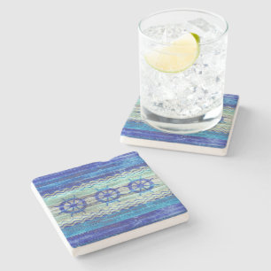 Rustic Navy Blue Coastal Decor Ship Wheels Stone Coaster