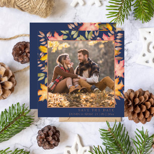 Rustic Navy Blue Fall Autumn Leaves Photo Wedding Save The Date