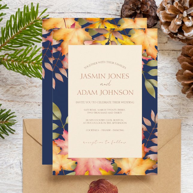 Rustic Navy Blue Fall Autumn Leaves Wedding Invitation (Creator Uploaded)