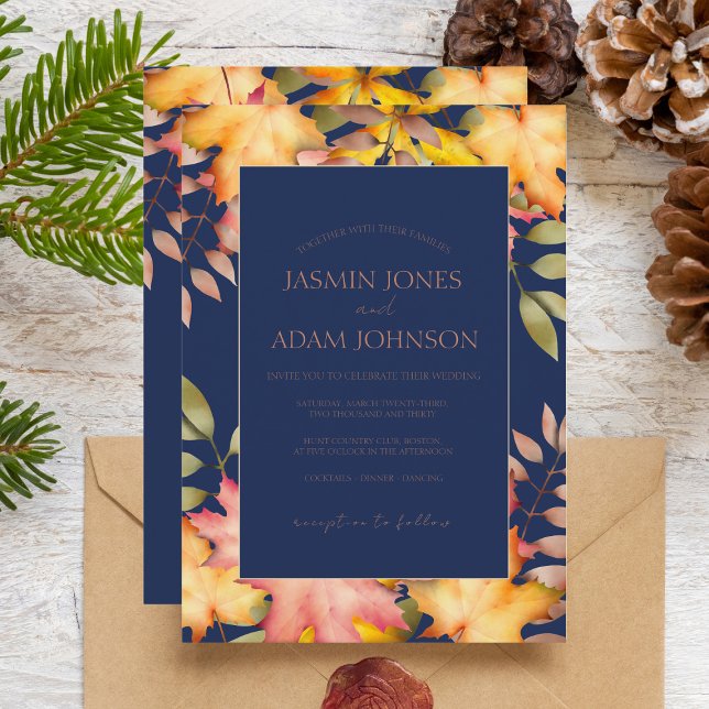 Rustic Navy Blue Fall Autumn Leaves Wedding Invitation (Creator Uploaded)