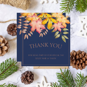 Rustic Navy Blue Fall Autumn Leaves Wedding Thank You Card