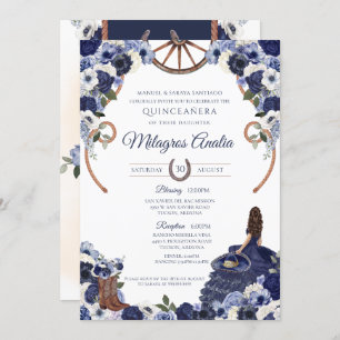 Rustic Navy Blue Flora Western Charro Quinceanera  Invitation
