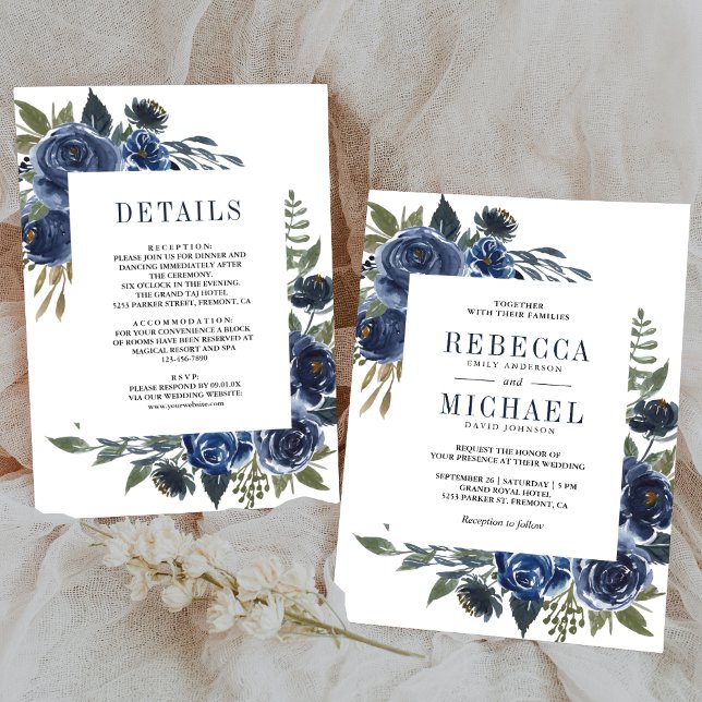 Rustic Navy Blue Floral All in One Wedding Invitation (Creator Uploaded)