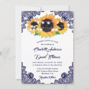 Rustic Navy Blue Floral Lace Sunflower Wedding Invitation