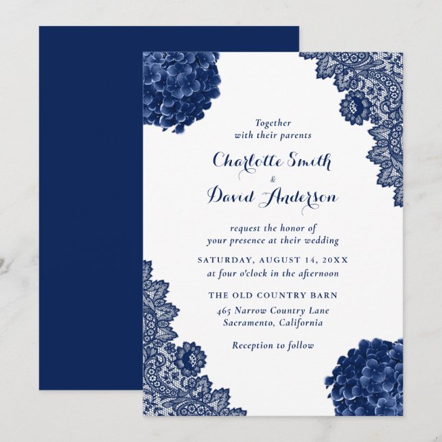 Rustic Navy Blue Floral Lace Wedding Invitation (Front/Back)