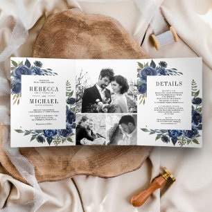 Rustic Navy Blue Floral Photo Collage Wedding Tri-Fold Invitation