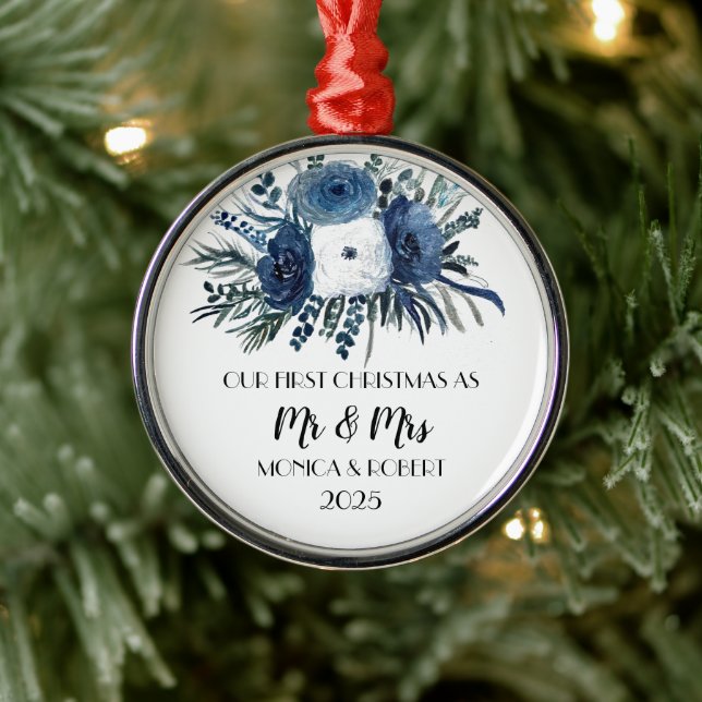 Rustic Navy Blue Floral Roses First Christmas  Metal Tree Decoration (Tree)