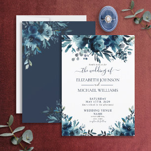 Rustic Navy Blue Floral Script Wedding Invitation