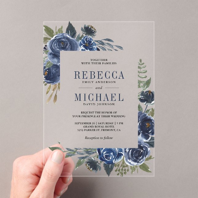 Rustic Navy Blue Floral Wedding Acrylic Invitations (Insitu (Handheld))