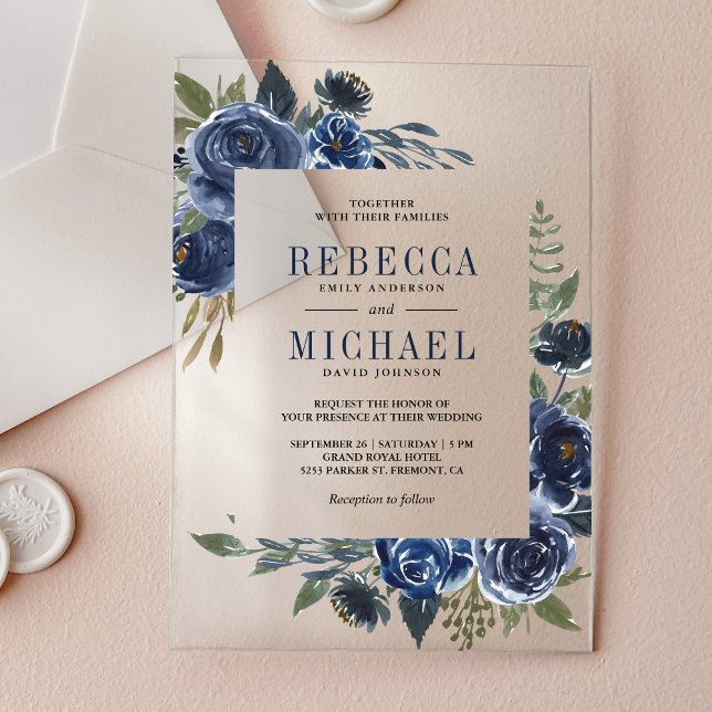 Rustic Navy Blue Floral Wedding Acrylic Invitations (Creator Uploaded)
