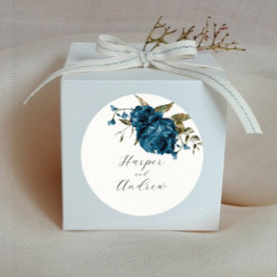 Rustic Navy Blue Floral Wedding Favour   Classic Round Sticker