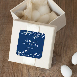 Rustic Navy Blue Floral Wildflower Wedding Favour Square Sticker