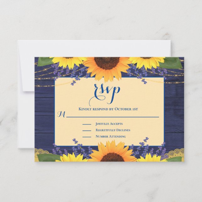 Rustic Navy Blue Gold Lace Sunflower Wedding RSVP Card (Front)