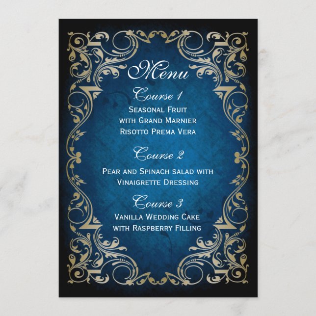 rustic "navy blue" gold regal wedding menu (Front)