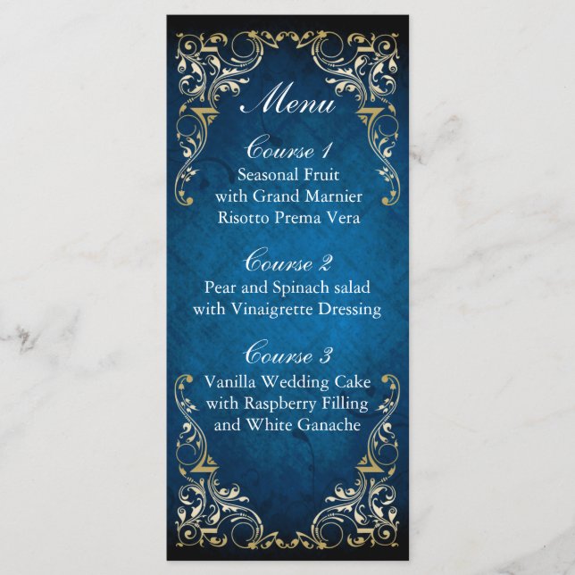 rustic navy blue gold regal wedding menu (Front)