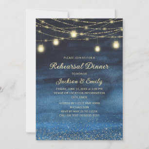 Rustic Navy Blue Gold String Lights Rehearsal  Invitation