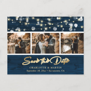 Rustic Navy Blue Gold Wedding Photo Save The Date  Announcement Postcard