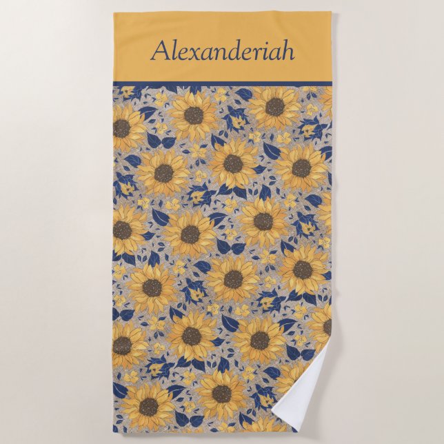 Rustic Navy Blue Golden Yellow Sunflower Name  Bea Beach Towel (Front)