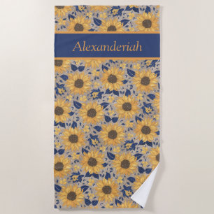 Rustic Navy Blue Golden Yellow Sunflower Name  Beach Towel