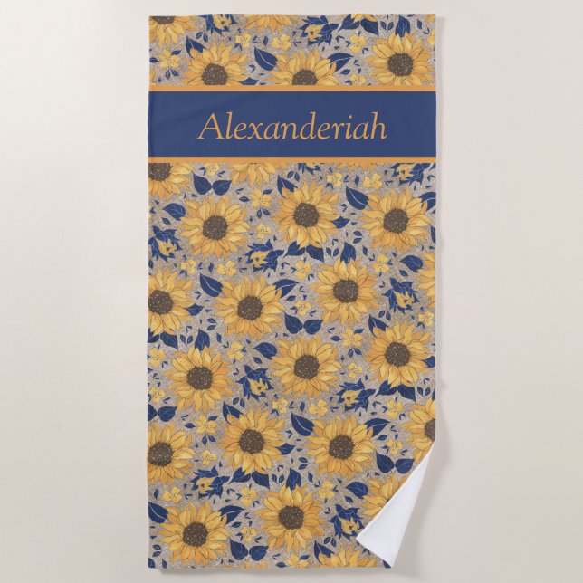 Rustic Navy Blue Golden Yellow Sunflower Name  Beach Towel (Front)