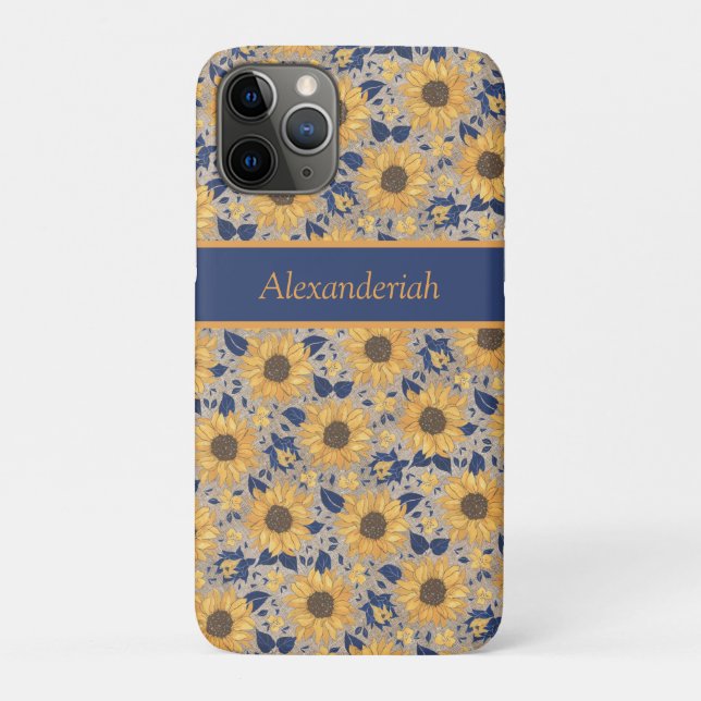 Rustic Navy Blue Golden Yellow Sunflower Name  Case-Mate iPhone Case (Back)