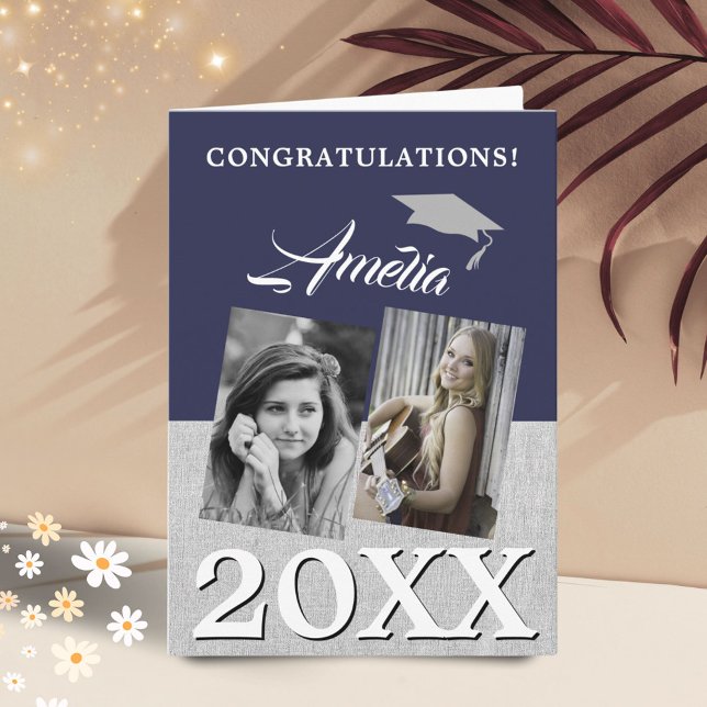 Rustic Navy Blue Graduate 2 Photo Graduation  Card (Creator Uploaded)