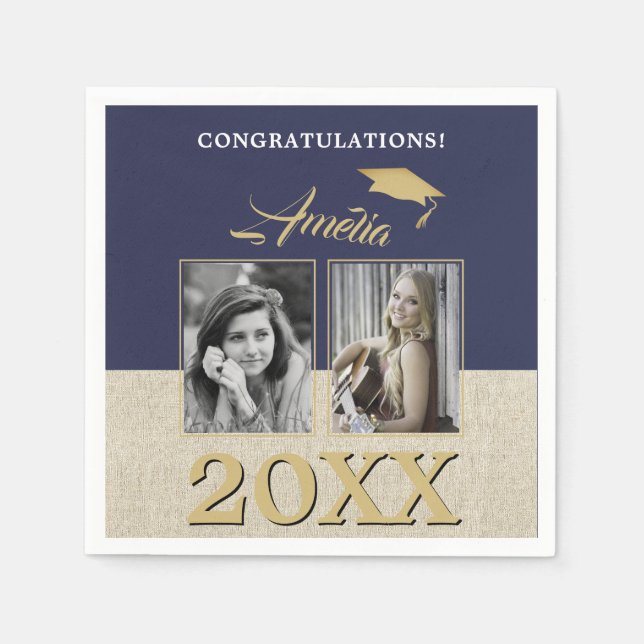 Rustic Navy Blue Graduate 2 Photo Graduation  Napkin (Front)