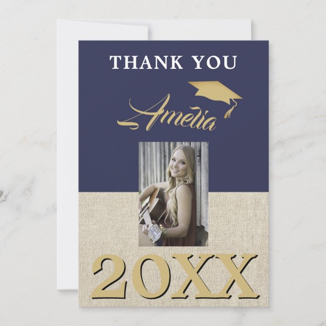 Rustic Navy Blue Graduate 2 Photo Graduation Thank You Card (Front)