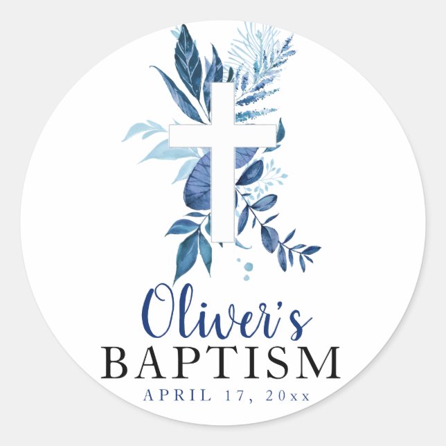 Rustic Navy Blue Greenery Cross Boy Baptism Classic Round Sticker (Front)