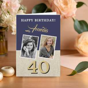 Rustic Navy Blue Happy 40th Birthday 2 Photos Card