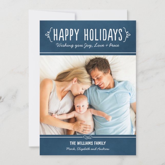 Rustic Navy Blue Happy Holidays Handwritten Photo Holiday Card (Front)