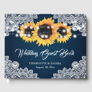 Rustic Navy Blue Lace Sunflower Wedding Guest Book