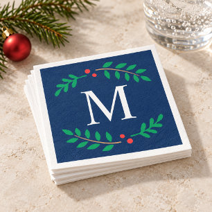 Rustic Navy Blue Laurel Monogram Christmas Napkin