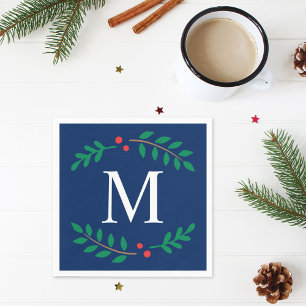 Rustic Navy Blue Laurel Monogram Christmas Napkin