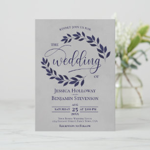 Rustic Navy Blue Leaves Elegant Grey Wedding Invitation