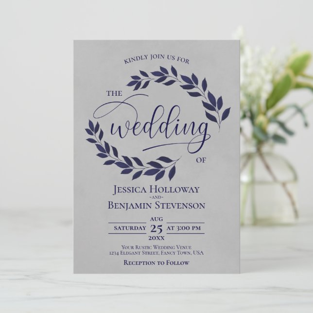 Rustic Navy Blue Leaves Elegant Grey Wedding Invitation (Standing Front)