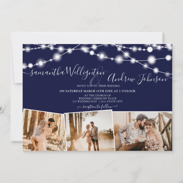 Rustic navy blue lights script 4 photos wedding invitation (Back)